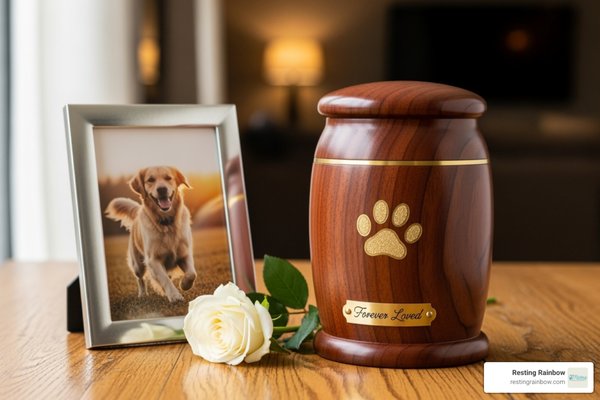Private Cremation Process - What to do in the first 24 hours after loss
1. Allow yourself and family members time to say goodbye.
2. If at home, keep your companion in a cool, dry place until pick-up or transfer. Wrap in a blanket or sheet; avoid plastic if possible to reduce condensation.
3. If other pets are in the home, you may allow them a brief moment to understand the loss—many families find this helps reduce searching behaviors in surviving pets.
4. Contact us as soon as you are ready to make arrangements.  We can coordinate pickup at your home, or you can bring your pet to us.
For additional support while making arrangements, visit OSU's Veterinary Medical Center Honoring the Bond page: https://vmc.vet.osu.edu/services/honoring-the-bond.

Private Cremation Process - Benefits of choosing private cremation for a pet
The decision to choose private cremation is about creating a final chapter that reflects the love and respect your pet deserved.

- Guaranteed Return of Your Pet's Ashes: The most profound benefit is the certainty that the cremated remains you receive are 100% your beloved companion's. When you search for private cremation for dogs near me, this assurance is what you're seeking most.
- Peace of Mind and Closure: Knowing your dog received individual, exclusive care allows you to focus on healing rather than harboring doubts. This singular focus provides a sense of dignity that helps families move through grief.
- Deeply Personal Memorialization: With your pet's ashes, you can choose how to keep their memory close. Options for beautiful urns are many and keepsake urns or memorial jewelry are also available in a wide variety of styles.
- A Respectful and Singular Tribute: Private cremation honors your pet's unique life with a final act of exclusive care. At Resting Rainbow, we believe every pet deserves to be treated as the individual they were.

Beyond these basics, families often appreciate:

- Flexible remembrance options: Divide ashes among keepsakes for multiple family members.
- Scheduling accommodations: Many providers offer witnessed cremations or private goodbyes on-site.
- Documentation and traceability: Certificates of cremation and detailed tracking provide lasting peace of mind.