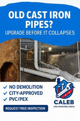 Old Cast iron replacement under house - Are your old cast iron pipes causing slow drains, foul smells, or constant backups? 🚨 Don’t wait until they collapse and cause thousands in damage! At Caleb Home Improvement Services, we specialize in replacing old cast iron systems with durable, city-approved PVC or PEX — all without demolition. Our trenchless solutions are clean, fast, and affordable, protecting your home’s foundation and plumbing for years to come. 💧 Contact us today to request your free inspection and upgrade your home before it’s too late! Old Cast iron replacement under house - Are your old cast iron pipes causing slow drains, foul smells, or constant backups? 🚨 Don’t wait until they collapse and cause thousands in damage! At Caleb Home Improvement Services, we specialize in replacing old cast iron systems with durable, city-approved PVC or PEX — all without demolition. Our trenchless solutions are clean, fast, and affordable, protecting your home’s foundation and plumbing for years to come. 💧 Contact us today to request your free inspection and upgrade your home before it’s too late!
