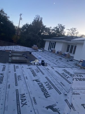Roof replacement - This job was performed by: 
• Tear off 
• replacement of any wood damage 
• installation of paper 
• installation of shingles