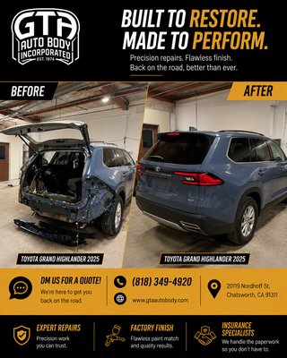 GTA BEFORE AND BEFORS - At GTA Auto Body, we specialize in restoring vehicles after accidents, from minor collisions to major structural damage. Browse our before-and-after portfolio to see real examples of collision repairs, paint restoration, frame straightening, bumper repairs, and insurance claim work completed by our team. Every repair is performed with precision to return your vehicle to its pre-accident condition.