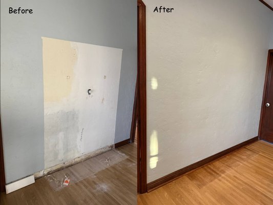 Wall repair - We addressed multiple wall damages after removing a built-in. Our team expertly patched the holes, applied joint compound for a smooth finish, and sanded the surface to ensure a flawless appearance. We also matched the existing wall texture for a seamless look. After the repairs were complete, we painted the walls to restore their original beauty. Additionally, a matching moulding was installed and the floor was varnished. The result is a refreshed and visually appealing space that feels as good as new. Wall repair - We addressed multiple wall damages after removing a built-in. Our team expertly patched the holes, applied joint compound for a smooth finish, and sanded the surface to ensure a flawless appearance. We also matched the existing wall texture for a seamless look. After the repairs were complete, we painted the walls to restore their original beauty. Additionally, a matching moulding was installed and the floor was varnished. The result is a refreshed and visually appealing space that feels as good as new.