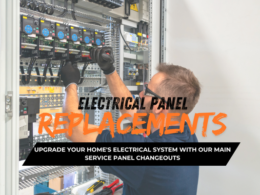 Electrical Panel Replacements - Upgrade your home's electrical system with our main service panel changeouts. If your current panel is outdated, overloaded, or simply not meeting your needs, our expert electricians can install a new, modern panel that ensures safety and reliability. Stay compliant with the latest electrical codes and enhance your home's electrical capacity. Electrical Panel Replacements - Upgrade your home's electrical system with our main service panel changeouts. If your current panel is outdated, overloaded, or simply not meeting your needs, our expert electricians can install a new, modern panel that ensures safety and reliability. Stay compliant with the latest electrical codes and enhance your home's electrical capacity.