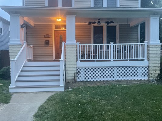 Replacement old wood with new Trex - Our lovely client approached us with a project to replace an old soundboard with a new one.  In order to save the client money, we left the frames and posts because they were in good condition and only replaced boards and railings.  Here is the result!