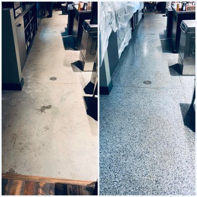 Jakes Cigar Bar - Check out the floor we did for Jakes in Brannon Crossing. When Jake moved to his new location, he hired us to provide a durable epoxy coating behind the bar area. Ultimately, the system he needed was a flake floor. This floor has stood up for two years and is still counting.