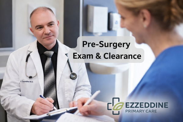 Pre-Surgery Exams & Medical Clearance - Pre-Surgery Exams & Medical Clearance

Before undergoing any surgical procedure — whether it’s a major operation or an outpatient surgery — your surgeon may require a pre-operative medical clearance exam.

This exam is an important step to help ensure your safety. It allows your healthcare providers to evaluate your overall health, review your medical history, and identify any conditions that could affect anesthesia or surgery. Having this information ahead of time helps reduce risks and prevent unexpected complications during your procedure.

At Ezzeddine Primary Care, Dr. Tarek Ezzeddine and our medical team provide thorough pre-surgical exams and clearances tailored to your specific procedure. We recommend bringing a list of your medications, prior medical conditions, and any instructions from your surgeon to help make the process as smooth and efficient as possible.

Our goal is to help you feel prepared, informed, and confident before your surgery.