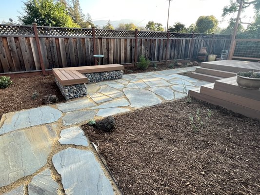 San Jose, CA - This was a very nice front and back yard installation, where natural winding dry creek with boulders was installed. As well as a composite deck, with flagstone patio.