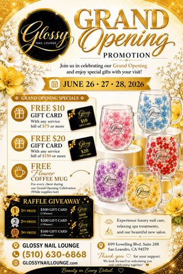 GRAND OPENING CELEBRATION - JUNE 26TH, 2026 - Experience luxury nail care, enjoy our grand opening celebration, and enter for your chance to win amazing prizes!
Grand Opening Raffle Prizes
🥇 1st Prize: $500 Gift Card (1 Winner)
🥈 2nd Prize: $200 Gift Card (1 Winner)
🥉 3rd Prize: $100 Gift Card (3 Winners)
📅 June 26 • 27 • 28, 2026
🎉 Raffle Drawing: June 28, 2026 at 5:00 PM GRAND OPENING CELEBRATION - JUNE 26TH, 2026 - Experience luxury nail care, enjoy our grand opening celebration, and enter for your chance to win amazing prizes!
Grand Opening Raffle Prizes
🥇 1st Prize: $500 Gift Card (1 Winner)
🥈 2nd Prize: $200 Gift Card (1 Winner)
🥉 3rd Prize: $100 Gift Card (3 Winners)
📅 June 26 • 27 • 28, 2026
🎉 Raffle Drawing: June 28, 2026 at 5:00 PM