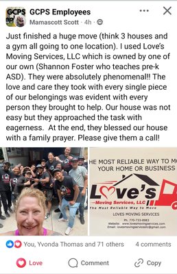 3 House Compound Move - Love's Moving and Cleaning Services helped make a customer very happy with a 3 home move done within 2 days into their new home. It was very rewarding to get a nice review and positive letter from this customer that expressed her gratitude. We simply replied with "We Move with LOVE" 3 House Compound Move - Love's Moving and Cleaning Services helped make a customer very happy with a 3 home move done within 2 days into their new home. It was very rewarding to get a nice review and positive letter from this customer that expressed her gratitude. We simply replied with "We Move with LOVE"