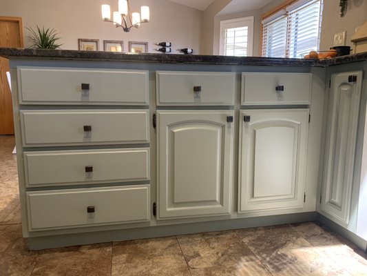 Kitchen Cabinet Painting - Painted old honey-gold oak cabinets. Client chose the color Evergreen Fog from Sherwin Williams. Kitchen Cabinet Painting - Painted old honey-gold oak cabinets. Client chose the color Evergreen Fog from Sherwin Williams.