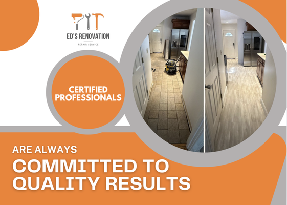 Certified Professionals - At Ed’s Renovation, quality starts with certified professionals who know their craft. With over 8 years of hands-on experience, our team is trained, licensed, and committed to delivering results that meet the highest industry standards. Whether it’s remodeling, painting, drywall, or flooring, every service is backed by skilled experts who treat your home with care and precision. Trust in certified craftsmanship — because your home deserves nothing less.