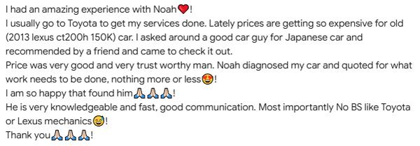 Customer's Testimonials - We strive to provide top notch service to every customer that walks into the shop. Shown are a few of many reviews we have received from our wonderful customers. Customer's Testimonials - We strive to provide top notch service to every customer that walks into the shop. Shown are a few of many reviews we have received from our wonderful customers.