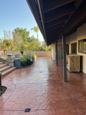 Stamped colored concrete with Wetseal - We put in about 30 yards of colored stamped concrete into desired areas. First we had to run the demolition , next we had to set up some drains and dig the foundation to seal it . After we prepped and got to pouring . We finished it off with a wet seal to help guve it a good look . Stamped colored concrete with Wetseal - We put in about 30 yards of colored stamped concrete into desired areas. First we had to run the demolition , next we had to set up some drains and dig the foundation to seal it . After we prepped and got to pouring . We finished it off with a wet seal to help guve it a good look .