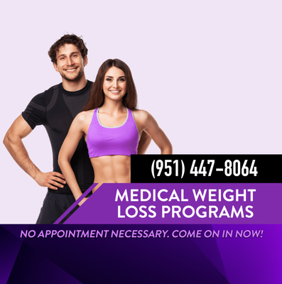 MEDICAL WEIGHT LOSS PROGRAMS - Medical Weight Loss Programs
Tri Valley Medical Weight Control offers personalized, medically supervised weight loss programs designed around each patient’s goals, health needs, and lifestyle.
Our programs may include GLP-1 weight loss options, semaglutide, tirzepatide, prescription appetite suppressants including phentermine, weight loss injections, nutritional guidance, supplements, and ongoing weight management support.
Patients are not locked into long-term contracts or startup fees, and our experienced medical team helps each patient choose the program that best fits their needs.
Conveniently located in Murrieta, we proudly serve Temecula and surrounding Inland Empire communities.
Call us to learn more about our medical weight loss programs and current options. MEDICAL WEIGHT LOSS PROGRAMS - Medical Weight Loss Programs
Tri Valley Medical Weight Control offers personalized, medically supervised weight loss programs designed around each patient’s goals, health needs, and lifestyle.
Our programs may include GLP-1 weight loss options, semaglutide, tirzepatide, prescription appetite suppressants including phentermine, weight loss injections, nutritional guidance, supplements, and ongoing weight management support.
Patients are not locked into long-term contracts or startup fees, and our experienced medical team helps each patient choose the program that best fits their needs.
Conveniently located in Murrieta, we proudly serve Temecula and surrounding Inland Empire communities.
Call us to learn more about our medical weight loss programs and current options.