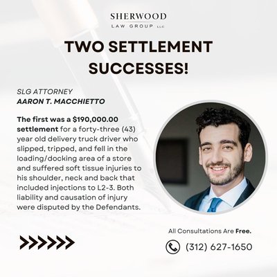 Aaron Macchietto Settlement Update - $190,000.00 settlement for a forty-three (43) year-old delivery truck driver who slipped, tripped, and fell in the loading/docking area of a store and suffered soft tissue injuries to his shoulder, neck, and back that included injections to L2-3. Both liability and causation of injury were disputed by the Defendants.

$100,000.00 settlement for a fifty-five (55) year-old Plaintiff who suffered food poisoning and an anaphylactic reaction after instructing employees of a restaurant of her allergy and medical condition and consuming her dinner. Both liability and causation of the injury were disputed by the Defendant.