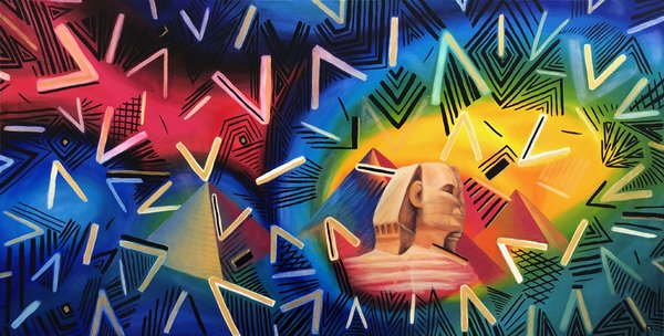 Experimental Painting Commission Inspired by Egypt - This painting started as a large scale work based off of an earlier non-representational artwork & was later revised to include symbols & structures from Egypt to better convey the feeling that the commissioner wanted. Once the finishing touches were done, the commissioner remarked, "Oh wow!!! That's Dope... You got creative on me!!!" and upon delivering it & hanging it on their wall, the commissioner & her son both stated "I love it!!!!"