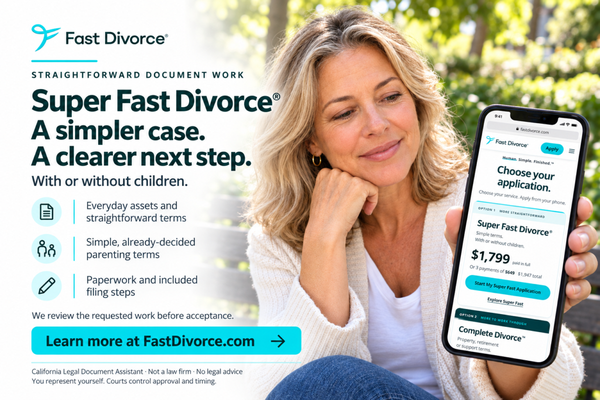 Super Fast Divorce® | Straightforward Paperwork - Service overview—not a specific client case. When your terms are simpler and largely decided, Super Fast Divorce® may be the right paperwork path. Our real team prepares accepted California divorce or legal-separation documents at your direction, helps with filing, and keeps the steps organized. Cases with or without children may qualify; we review the details before accepting the work. See what is included, current pricing, and how to apply at FastDivorce.com. We are a California Legal Document Assistant service, not a law firm; we do not give legal advice. Super Fast Divorce® | Straightforward Paperwork - Service overview—not a specific client case. When your terms are simpler and largely decided, Super Fast Divorce® may be the right paperwork path. Our real team prepares accepted California divorce or legal-separation documents at your direction, helps with filing, and keeps the steps organized. Cases with or without children may qualify; we review the details before accepting the work. See what is included, current pricing, and how to apply at FastDivorce.com. We are a California Legal Document Assistant service, not a law firm; we do not give legal advice.