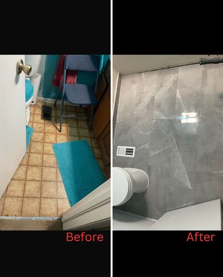 Bathroom remodel - This remodel was done in an upstairs bathroom. From laminated flooring to high-quality tile, new cabinet, brand new tub as well as surrounding walls and tile. Bathroom remodel - This remodel was done in an upstairs bathroom. From laminated flooring to high-quality tile, new cabinet, brand new tub as well as surrounding walls and tile.
