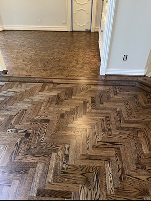 Wood floor refinish - Went into this beautiful home to update the worn out floors and outdated stain. Late March. Complete early April. 2,800 square feet of thorough sanding and staining. Wood floor refinish - Went into this beautiful home to update the worn out floors and outdated stain. Late March. Complete early April. 2,800 square feet of thorough sanding and staining.