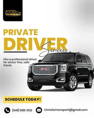 Private Transportation - Need a ride? 🚘 skip the stress and ride in comfort with ChrisGo Transport - your private driver car service. Safe. Reliable. Always on time. 📲Book your ride today. 
Chris Jones (949) 698-3132
www.chrisgotransport.com