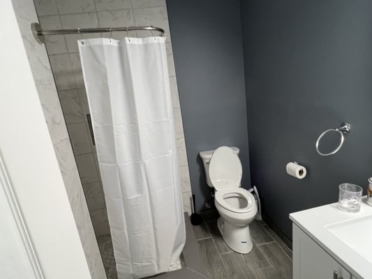 Small bathroom renovation - We demolished the old bathroom and built a new one. Customer did not want the glass wall and instead opted for a shower curtain w/rod. Small bathroom renovation - We demolished the old bathroom and built a new one. Customer did not want the glass wall and instead opted for a shower curtain w/rod.