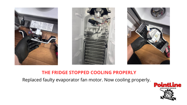 Fridge not cooling - Fridge not cooling properly. Ice buildup on evaporator due to faulty fan motor. Replaced evaporator fan motor. Unit now cooling properly. Fridge not cooling - Fridge not cooling properly. Ice buildup on evaporator due to faulty fan motor. Replaced evaporator fan motor. Unit now cooling properly.