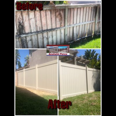 Vinyl Privacy Fencing - This project began with the removal of the pre existing wood fencing which was hauled away and disposed of, and replaced with 6ft high Tan Vinyl fencing with "5"x"5" square vinyl posts with caps. This project included our 1 year workmanship warranty and a limited lifetime warranty provided by the manufacture for the vinyl products Vinyl Privacy Fencing - This project began with the removal of the pre existing wood fencing which was hauled away and disposed of, and replaced with 6ft high Tan Vinyl fencing with "5"x"5" square vinyl posts with caps. This project included our 1 year workmanship warranty and a limited lifetime warranty provided by the manufacture for the vinyl products