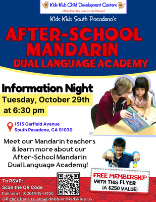 After School Mandarin Dual Language Academy! - In our program, your child will be immersed in Mandarin with the assistance of our skilled and knowledgeable Mandarin teachers, who will also guide the children through their homework. Studies show that not only is childhood the optimal time to acquire a second language, but also that bilingualism promotes critical thinking, problem solving, creativity, cultural awareness, and academic excellence. Kids Klub is collaborating with Marengo’s Dual Immersion program to align our curriculum, ensure students receive academic reinforcement, and provide similar high-quality education for those not in the Marengo DI program. After School Mandarin Dual Language Academy! - In our program, your child will be immersed in Mandarin with the assistance of our skilled and knowledgeable Mandarin teachers, who will also guide the children through their homework. Studies show that not only is childhood the optimal time to acquire a second language, but also that bilingualism promotes critical thinking, problem solving, creativity, cultural awareness, and academic excellence. Kids Klub is collaborating with Marengo’s Dual Immersion program to align our curriculum, ensure students receive academic reinforcement, and provide similar high-quality education for those not in the Marengo DI program.