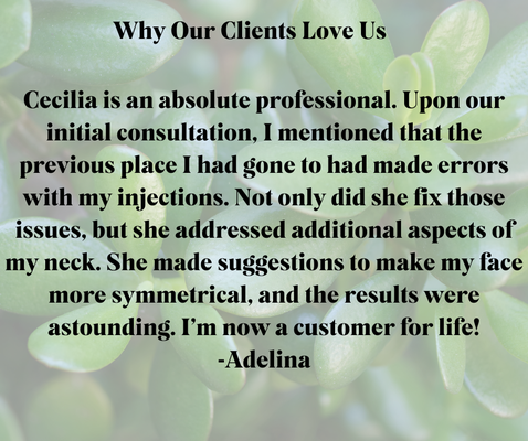 Why Our Clients Love Us - Our mission is to provide services that empower and educate individuals in their journey toward a renewed sense of self. Our services include injectables, IV hydration, and intuitive reiki therapy. At Jade Medical Aesthetics, we strive to create an inclusive and welcoming environment focused on transformative experiences that go beyond physical appearance. We are committed to helping you embrace your authentic self, not only by emphasizing your natural beauty, but also by promoting overall health and balance. True confidence and joy radiate from within, and we integrate this philosophy into every aspect of our practice. With years of professional medical training and a focus on personalized care, we provide safe and effective treatments tailored to your unique needs. We prioritize education to ensure you are well-informed about your options and confident in your decisions about your health and aesthetic goals.
