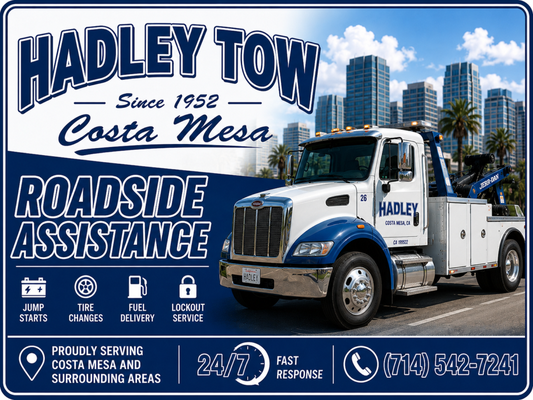 Roadside Assistance - Fast, reliable roadside assistance available 24/7 for cars, trucks, SUVs, and commercial vehicles throughout Southern California. Hadley Tow Costa Mesa provides jump starts, tire changes, lockout service, fuel delivery, battery service, and emergency roadside support with quick response times and professional service. Whether you’re stranded on the freeway, at home, or at work, our experienced team is ready to get you safely back on the road. Roadside Assistance - Fast, reliable roadside assistance available 24/7 for cars, trucks, SUVs, and commercial vehicles throughout Southern California. Hadley Tow Costa Mesa provides jump starts, tire changes, lockout service, fuel delivery, battery service, and emergency roadside support with quick response times and professional service. Whether you’re stranded on the freeway, at home, or at work, our experienced team is ready to get you safely back on the road.