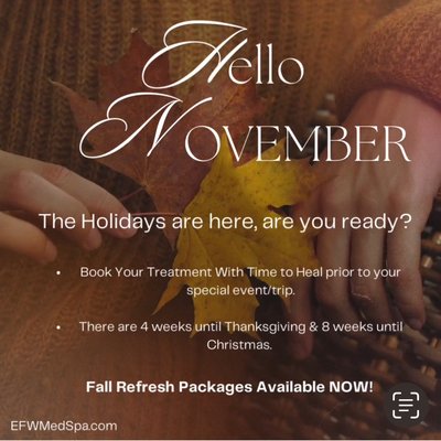 Fall Refresh Packages - Revitalize your skin this season with our exclusive Fall Refresh packages at Evolve From Within Aesthetics & Wellness Medspa. Our packages feature collagen bio-stimulants, microneedling with radiofrequency (RF), and advanced laser resurfacing to restore your skin’s glow and smoothness. Each treatment is designed to boost collagen production, improve texture, and provide lasting radiance. Perfect for those looking to refresh and rejuvenate their skin this holiday season. Fall Refresh Packages - Revitalize your skin this season with our exclusive Fall Refresh packages at Evolve From Within Aesthetics & Wellness Medspa. Our packages feature collagen bio-stimulants, microneedling with radiofrequency (RF), and advanced laser resurfacing to restore your skin’s glow and smoothness. Each treatment is designed to boost collagen production, improve texture, and provide lasting radiance. Perfect for those looking to refresh and rejuvenate their skin this holiday season.