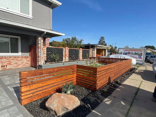 Need a new front yard? Please call for your free estimate! - This project was done with redwood and Calstone pavers and natural look artificial lawn. Need a new front yard? Please call for your free estimate! - This project was done with redwood and Calstone pavers and natural look artificial lawn.