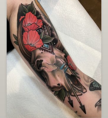 Neo Traditional tattoos - A modern take on the traditional form, it combines classic elements with contemporary techniques. The result is generally more saturated and brighter designs. Neo Traditional tattoos often utilize negative space to create patterns and shapes that flow with the design and overall have a more realistic and dimensional feel.