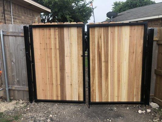 Steel Frame gates! No more sagging. No more routine post.  We use powder coated black steel frame and powder coated black post for the gates - Steel frame gate set up includes. A powder coated metal frame gate made from 2x2 metal tube. We also set a 3x3 powder coated black post for the gate to hang on. This combo stops the sagging. We install high quality cedar to the frame. Why not invest in less headaches. Visit us on Google Austin Fence Guy or website @ austinfenceguy.com