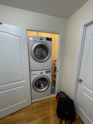 Washer/Dryer installation - This is a perfect example of washer/dryer stackable installation. Short flex pipe connection for vent - easy to clean / maintain . Easy to move in/out tiny space - no pipe damage risk. Stuckable brackets for safety - prevent sliding/vibrating top machine. Gas valve 90 degree connector - prevent damage when moving machines. Water leak detector installed - notify on the phone app if leak detected. Optimized closet door gap to machine - so it fits perfectly because of 90 degree and flex connectors. Optimized in coset space to allow use right side of a close as a storage for laundry liquids and access light switch. Anti vibrating pads and prevent-leaking tray installed . Washer/Dryer installation - This is a perfect example of washer/dryer stackable installation. Short flex pipe connection for vent - easy to clean / maintain . Easy to move in/out tiny space - no pipe damage risk. Stuckable brackets for safety - prevent sliding/vibrating top machine. Gas valve 90 degree connector - prevent damage when moving machines. Water leak detector installed - notify on the phone app if leak detected. Optimized closet door gap to machine - so it fits perfectly because of 90 degree and flex connectors. Optimized in coset space to allow use right side of a close as a storage for laundry liquids and access light switch. Anti vibrating pads and prevent-leaking tray installed .