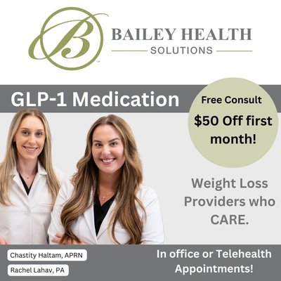 GLP-1 Weight Loss - Free Consult - GLP-1 Weight Loss Consult – Get a FREE consultation plus $50 off your first month of treatment. Take the first step toward safe, effective weight loss with Bailey Health Solutions.