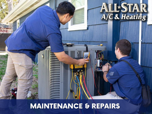 A/C & Heating Maintenance & Repairs - Regularly scheduled maintenance on your HVAC system keeps it in top-performing efficiency. The All Star A/C & Heating Services maintenance technicians can help with routine HVAC maintenance. Our award-winning service team is a leading HVAC contractor in the Houston area. Our maintenance plan includes two complete inspections of your HVAC system components, once in the Spring before the heat of Summer, and once in the fall before the cool months of Winter. At All Star A/C & Heating Services, we understand that proper maintenance is key to a long-lasting HVAC system