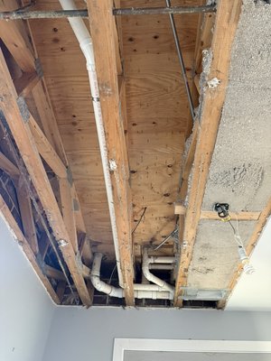 Drywall removal and restoration - This is done for an existing client of ours that had water leaking from a toilet. We originally came a couple weeks ago removed the damage damaged in insulation and let the cavity breathe. We returned use mold mediation primer on the subfloor two by fours hung Insulation 58 Drywall primer paint mud and then last, but not least cleaning