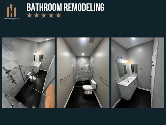 Bathroom Remodeling Project 4 - This bathroom remodeling project by Hammer Remodeling LLC showcases a complete transformation focused on modern design, functionality, and long-term durability. The space was reimagined with a clean, contemporary aesthetic while maximizing comfort and efficient use of a narrow layout.

The shower area features large-format marble-style porcelain tiles that add depth, elegance, and a luxury feel to the space. These tiles were carefully installed with precise alignment and clean grout lines, creating a seamless and timeless look. A frameless glass shower enclosure enhances the open feel of the bathroom while maintaining a sleek, minimalist appearance. Integrated shower niches provide practical storage without disrupting the overall design.

The flooring consists of dark porcelain tiles, selected for both durability and contrast. The darker tone grounds the space visually and complements the lighter wall finishes and tile surfaces. All flooring was installed with proper waterproofing and slope considerations to ensure longevity and safety.

A modern floating vanity was installed to maximize floor space and improve accessibility. The vanity includes clean-lined cabinetry, smooth hardware, and a solid surface countertop with an integrated sink. This design choice not only enhances the modern look but also simplifies cleaning and daily use. A large mirror and contemporary wall-mounted lighting fixtures provide balanced illumination, improving both functionality and ambiance.

The walls were finished with smooth, neutral-toned paint, creating a calm and cohesive backdrop that highlights the tile work and fixtures. All surfaces were properly prepped to ensure long-lasting results and resistance to moisture. Recessed ceiling lighting and ventilation were installed to meet code requirements and improve air circulation, reducing humidity and maintaining a fresh environment.

Safety and accessibility were also considered throughout the project. Strategically placed grab bars were installed to blend seamlessly with the design while providing additional support. Plumbing fixtures were selected for reliability, water efficiency, and modern aesthetics, ensuring consistent performance over time.

Every detail of this bathroom remodel reflects Hammer Remodeling LLC’s commitment to quality craftsmanship, thoughtful design, and professional execution. From precise tile installation to clean finish work and functional layout planning, this project demonstrates our ability to deliver refined, high-quality bathroom renovations tailored to our clients’ needs.

Whether upgrading a compact bathroom or undertaking a full remodel, Hammer Remodeling LLC focuses on creating spaces that are both visually striking and highly functional. This completed project is a strong example of our dedication to detail, durability, and modern design standards.
