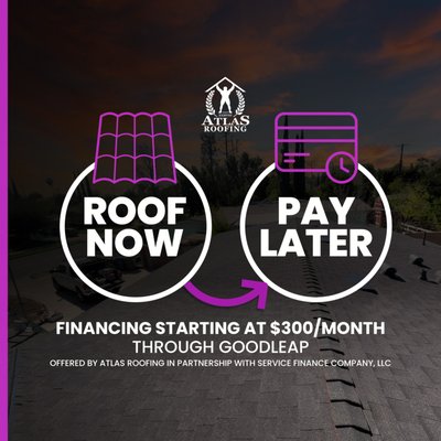 Flexible Financing Options – Making Roofing Affordable - Flexible Roofing Financing – Starting at $300/Month
At Atlas Roofing, we understand that investing in a new roof is a major decision, and we’re here to make it easier. That’s why we offer flexible financing options through Service Finance Company, LLC (GoodLeap), helping homeowners get the roof they need without the upfront burden.
With monthly payments starting as low as $300, our financing solutions are designed to fit a range of budgets while maintaining the highest standards of workmanship and materials.
✅ Financing through Service Finance Company (SFC)
✅ Easy application process
✅ Affordable monthly payment options
✅ No compromise on quality or service
Whether you’re planning a full roof replacement or handling unexpected damage, we’ll work with you to make the process stress-free and affordable.
Protect your home now — and pay over time. Contact Atlas Roofing today for a free estimate and financing details. Flexible Financing Options – Making Roofing Affordable - Flexible Roofing Financing – Starting at $300/Month
At Atlas Roofing, we understand that investing in a new roof is a major decision, and we’re here to make it easier. That’s why we offer flexible financing options through Service Finance Company, LLC (GoodLeap), helping homeowners get the roof they need without the upfront burden.
With monthly payments starting as low as $300, our financing solutions are designed to fit a range of budgets while maintaining the highest standards of workmanship and materials.
✅ Financing through Service Finance Company (SFC)
✅ Easy application process
✅ Affordable monthly payment options
✅ No compromise on quality or service
Whether you’re planning a full roof replacement or handling unexpected damage, we’ll work with you to make the process stress-free and affordable.
Protect your home now — and pay over time. Contact Atlas Roofing today for a free estimate and financing details.