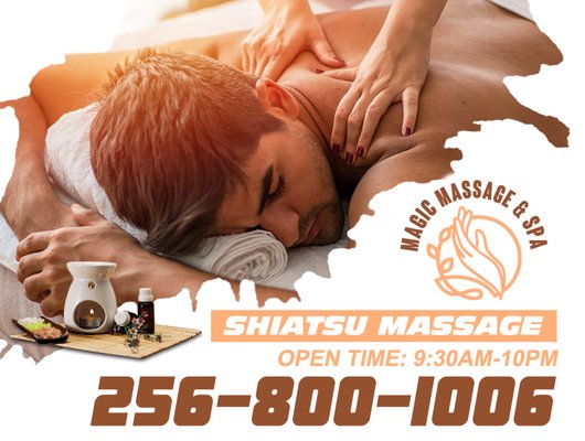 Shiatsu massage - Shiatsu is based on traditional Japanese massage therapy. Shiatsu works with the body's energy flow, known as Ki or Qi (pronounced chee). It uses acupressure to release tension and bring balance to the body. It can help to lift your mood and make you feel relaxed. Call for Make an appointment Shiatsu massage in Athens, AL