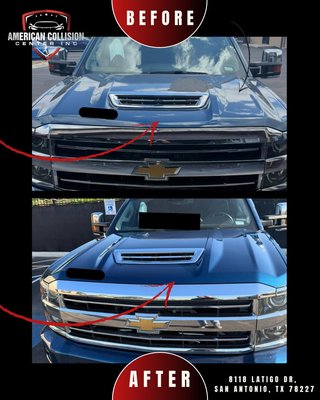 Chevrolet Silverado Hood & Front-End Repair - This Chevrolet Silverado came to American Collision Center with visible hood and front-end damage affecting the appearance and condition of the vehicle. Our team completed the necessary collision repair, body work, panel correction, and refinishing to restore the damaged area and bring the truck back to a clean, professional finish. The completed repair improved the overall appearance and restored the front end with close attention to fit, finish, and detail.