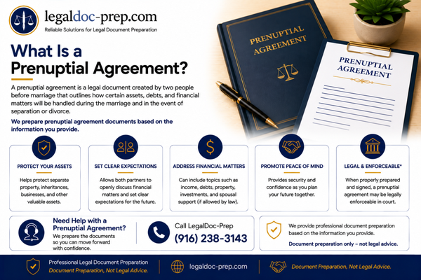 Prenuptial Agreement Document Preparation - LegalDoc-Prep provides professional document preparation services for prenuptial agreements. We help prepare and organize documents based on the information provided by the client. Document preparation only — not legal advice or legal representation. Prenuptial Agreement Document Preparation - LegalDoc-Prep provides professional document preparation services for prenuptial agreements. We help prepare and organize documents based on the information provided by the client. Document preparation only — not legal advice or legal representation.