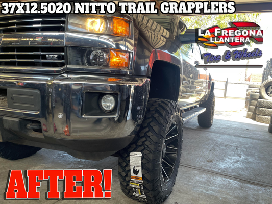 BRAND NEW 37X12.5020 NITTO TRAIL GRAPPLERS - When he came, he came with very bald and bad tires. His tires were mud tires and he never rotated them, so they were in very bad shape. He came looking for the same tires he had, so I showed the tires to him, and he asked for the price. I gave him a price and he said they were very pricy so i made him a deal that I would help him take care of his tires so they can last longer. My client left satisfied and even tipped the employees 20$ each. BRAND NEW 37X12.5020 NITTO TRAIL GRAPPLERS - When he came, he came with very bald and bad tires. His tires were mud tires and he never rotated them, so they were in very bad shape. He came looking for the same tires he had, so I showed the tires to him, and he asked for the price. I gave him a price and he said they were very pricy so i made him a deal that I would help him take care of his tires so they can last longer. My client left satisfied and even tipped the employees 20$ each.