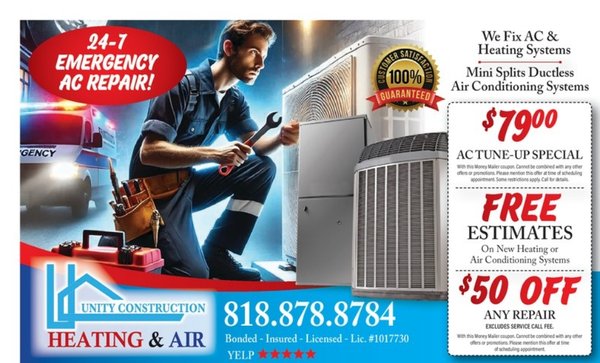 Unity Construction HVAC Services - When your air conditioning system breaks down unexpectedly, you need a reliable service provider you can count on.
At Unity Construction, we offer fast and efficient emergency AC repair services to restore your comfort quickly. Our team is available 24/7 to handle all your urgent AC repair needs. Don't suffer in the heat Unity Construction HVAC Services - When your air conditioning system breaks down unexpectedly, you need a reliable service provider you can count on.
At Unity Construction, we offer fast and efficient emergency AC repair services to restore your comfort quickly. Our team is available 24/7 to handle all your urgent AC repair needs. Don't suffer in the heat