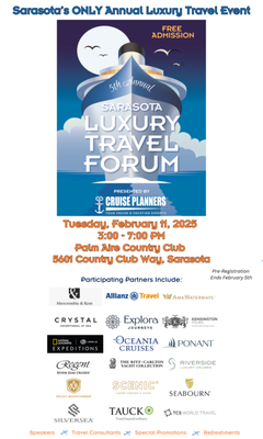 5th Annual Sarasota Luxury Travel Forum - Sarasota Luxury Travel Forum Feb 11, 2025, 3-7 PM
Over 18 luxury brands will be on hand to discuss travel options. Special offers for guests. Get ready to explore the world! Registration ends February 5th, so click "Learn More" to reserve your space today!
Click here to register by February 5th! https://www.bookthatescape.com/form/Yj7guOPWfX 5th Annual Sarasota Luxury Travel Forum - Sarasota Luxury Travel Forum Feb 11, 2025, 3-7 PM
Over 18 luxury brands will be on hand to discuss travel options. Special offers for guests. Get ready to explore the world! Registration ends February 5th, so click "Learn More" to reserve your space today!
Click here to register by February 5th! https://www.bookthatescape.com/form/Yj7guOPWfX