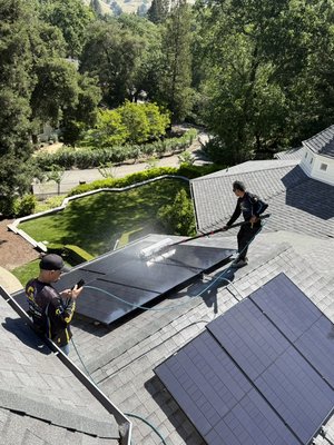 Solar Panel Cleaning in Alamo CA - We had the pleasure of providing professional solar panel cleaning services for this client’s system, consisting of more than 70 panels. Using our high-grade rotary solar cleaning brush, which agitates and rinses simultaneously, we were able to remove built-up dirt and debris effectively, leaving every panel spotless and performing at its best.