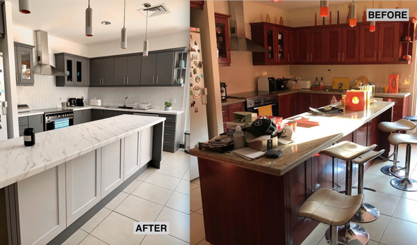Janurary Kitchen Wrap - This was the perfect kitchen to start with, a spacious floor plan with a nice big island. Our customer wanted a brighter, more modern look. We think their choices of matte grey and white accomplished it very well! This project took our team a week and the cost to our customer was a fraction of a traditional remodel.