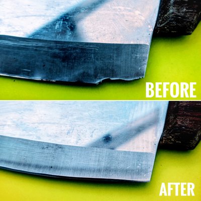 Before & After Photos - A few examples of what we are capable of in the world of sharpening. All of these were done in our shop in Brookfield, WI. Most of what we work on is not this badly damaged, but hopefully gives you some idea into the level of detail and care that goes into every job. All reshaping and sharpening is done exclusively on a standing belt sand and a buffer. Edges are finished with leather then cotton with rouge. Chip removal, tip fix and serrations are no extra charge. Before & After Photos - A few examples of what we are capable of in the world of sharpening. All of these were done in our shop in Brookfield, WI. Most of what we work on is not this badly damaged, but hopefully gives you some idea into the level of detail and care that goes into every job. All reshaping and sharpening is done exclusively on a standing belt sand and a buffer. Edges are finished with leather then cotton with rouge. Chip removal, tip fix and serrations are no extra charge.