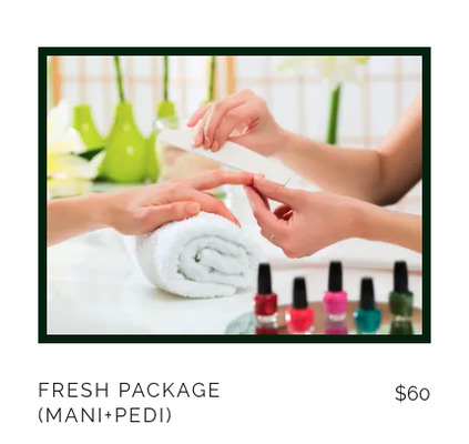 Current Mani Pedi Specials - Relax and enjoy a complimentary beverage as you are pampered by one of our professional nail technicians with all-natural products, including high quality lotions and oils, whether you are looking for a simple, basic package (Spring) or deluxe package, including a 20 min. massage (Blooming), we have you covered!
