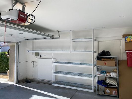 Custom Shelving - Here are some samples of the custom shelving solutions that Good Garage has to offer. We can install up to 4 rows of racks for more versatility and ease of access, utilizing maximum space. We'll measure your space to design a custom layout to fit your space, needs, and budget. Our racks can be connected to form mega platforms or attached in a corner to create a continuous unit Give us a call and get your garage organized today!